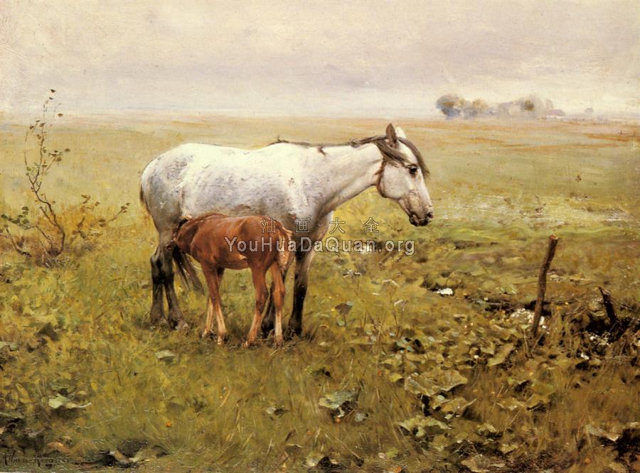 A Mare and her Foal in a Landscape - 阿尔弗雷德·冯·维雷斯·科瓦尔斯基